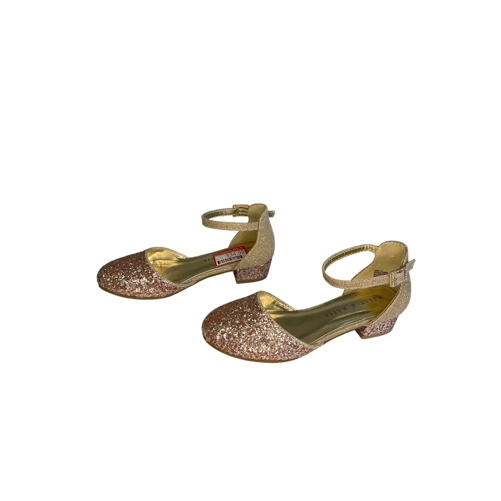 Kelly & Katie Girls Rose Gold Glitter Block Heel Dress Shoes Size 2 Ankle Strap